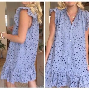 H&M blue eyelet dress with frills and flounced hem